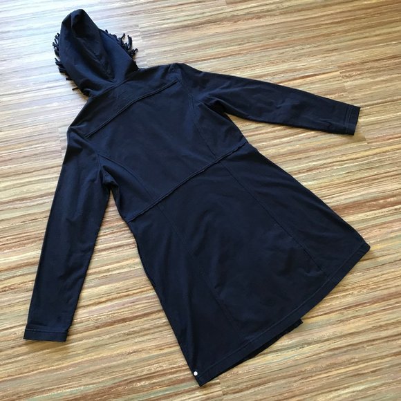 Neon Buddha Navy Blue Hooded Fringed 3/4 Length Jacket Tunic Button Front Top - Picture 6 of 6